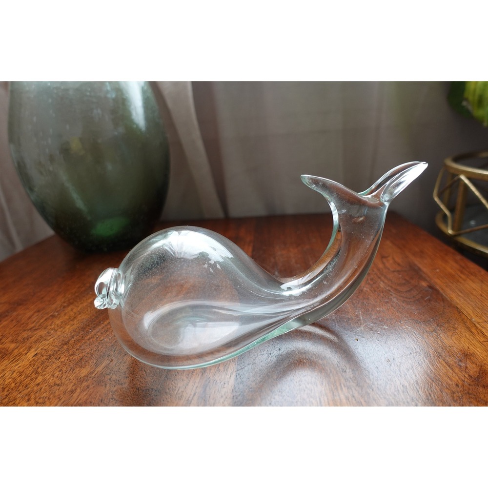 Vintage Hand-Blown Clear Glass Whale‎ Figurine Nautical Art Glass Decor 9 Inch